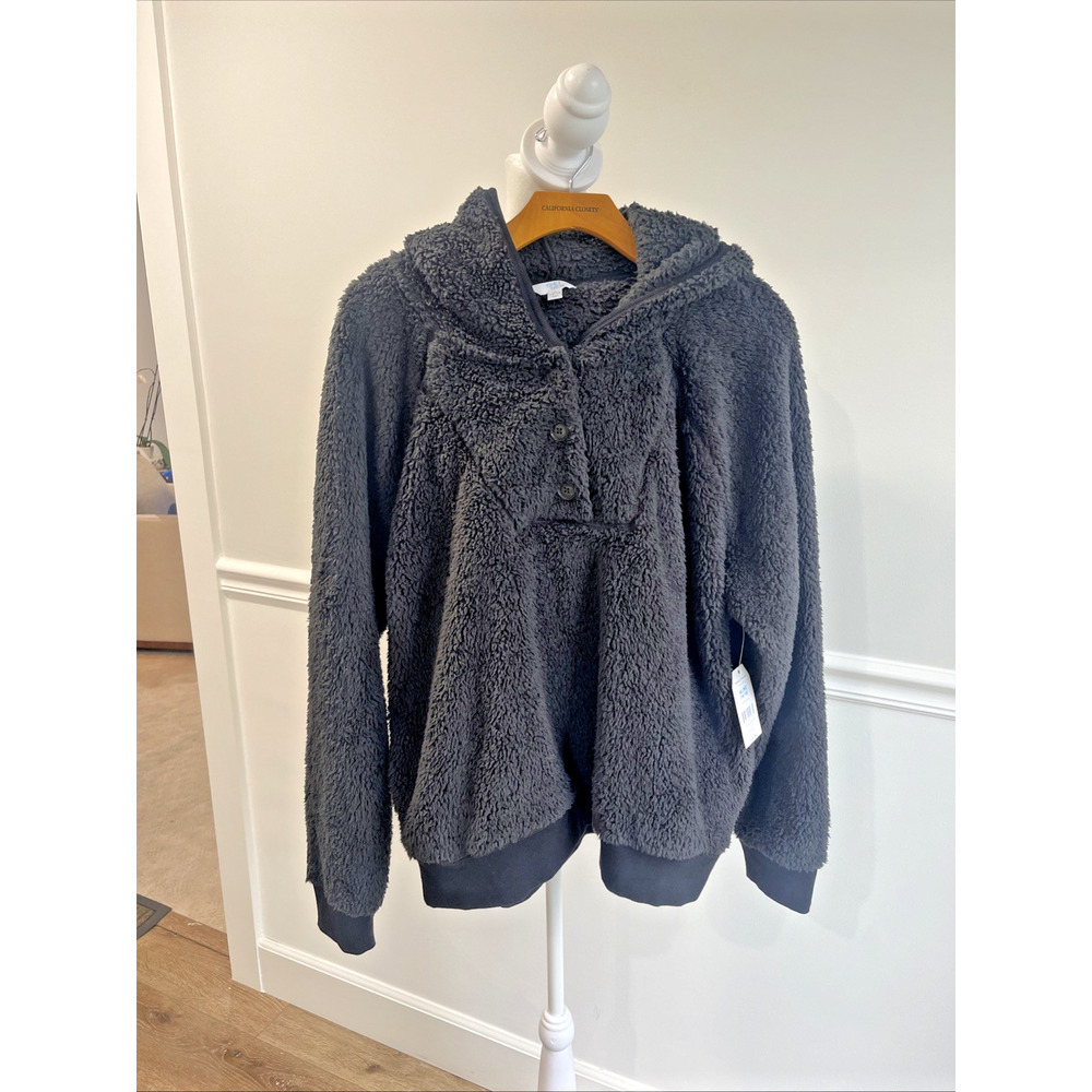 Sherpa Fleece Women XL Black Cozy Henley Hooded Sweatshirt Pull Over Button NEW